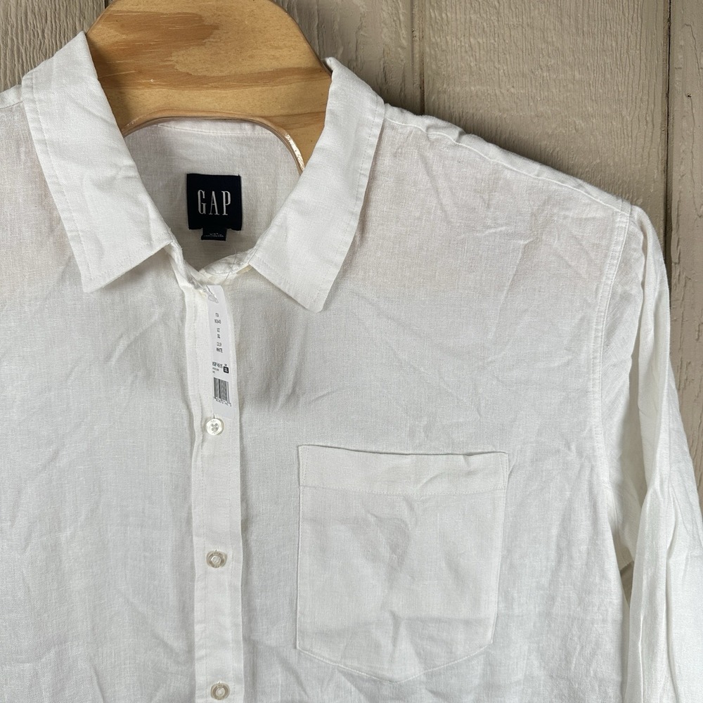 NEW Gap Relaxed Fit Linen Blend Button Up Long Sleeve Shirt Womens XXL 2XL White